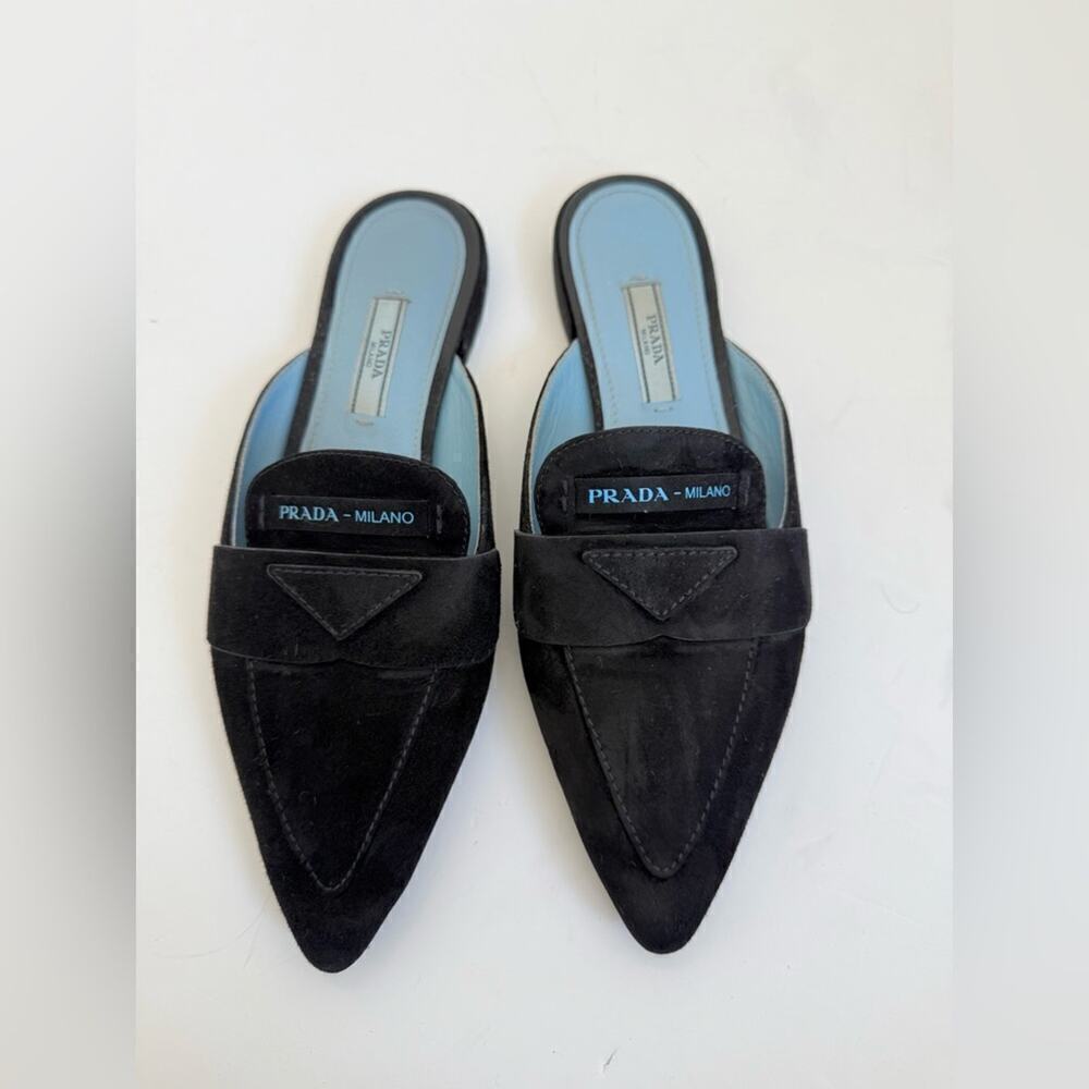 Prada Black Suede leather logo slip on slide loafer mules EU 37 - Picture 2 of 10